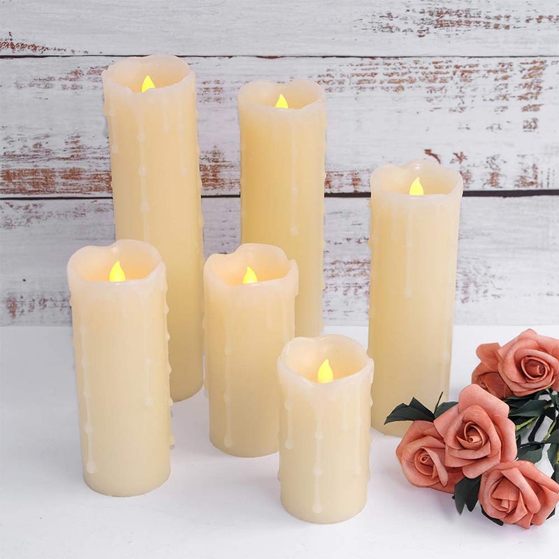 DRomance Flameless Flickering Candles Battery Operated with Remote and Timer, Set of 6 Dripping Wax LED Pillar Candles Halloween Christmas Holiday Indoor Decor(Ivory, 2.2 x 4-9 Inches) - Image 5
